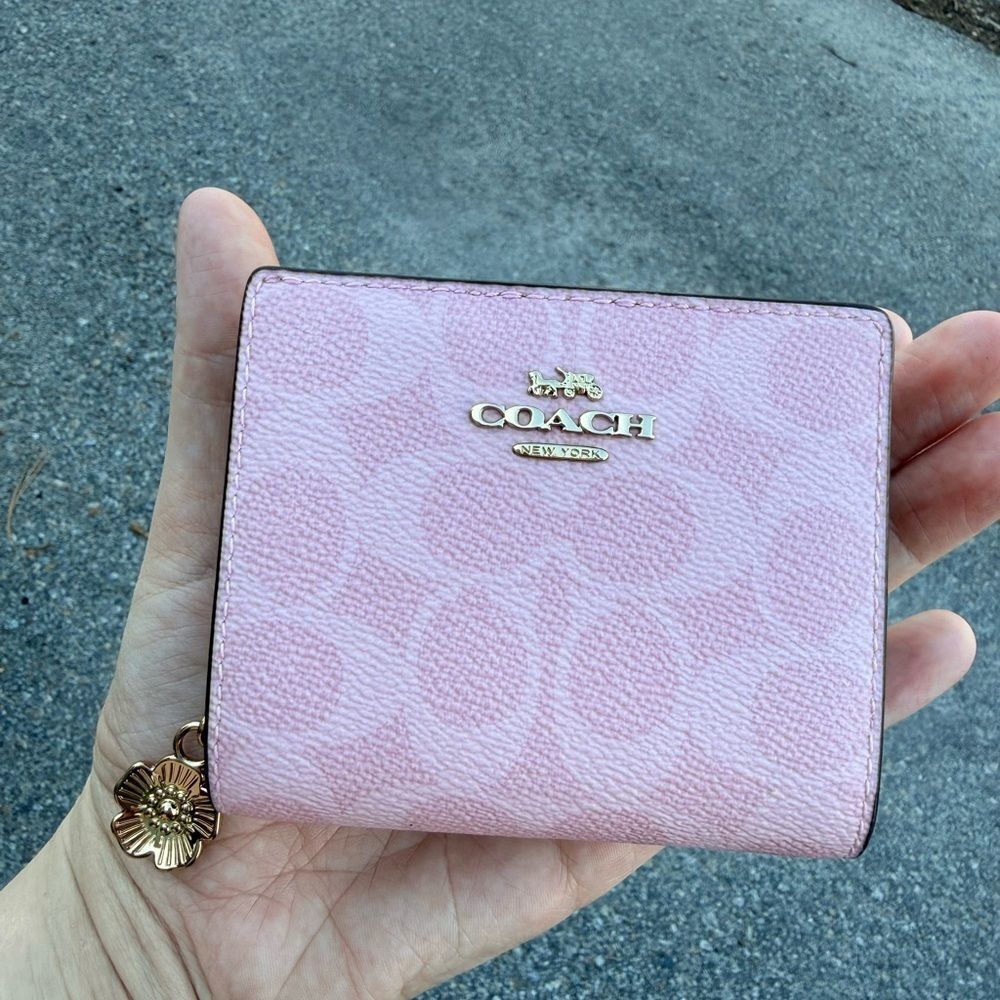 Coach Powder Pink Snap Wallet In Signature Canvas With Charm